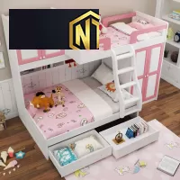 GIƯỜNG TẦNG TRẺ EM NGỌC THỊNH MÀU TRẮNG MIX CHI TIẾT VIỀN HỒNG